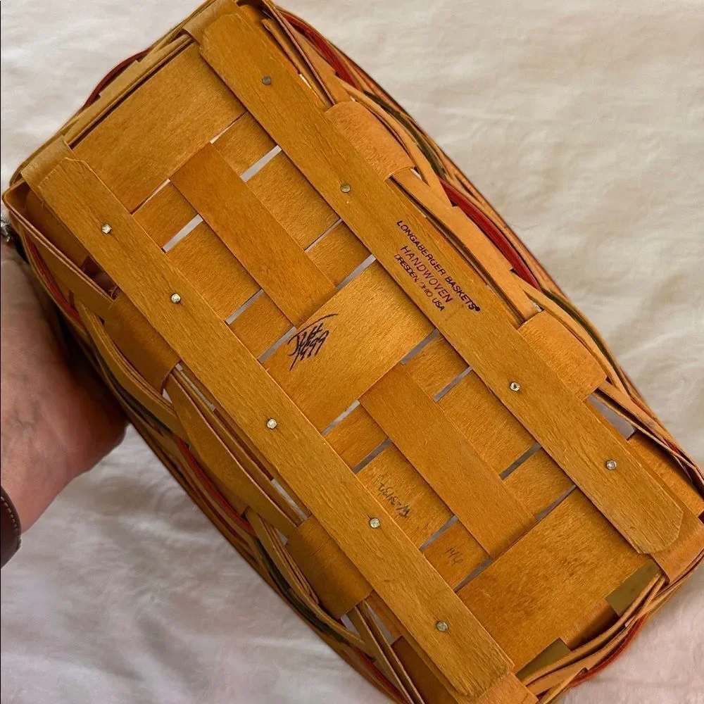 Longaberger Wooden Vegetable Basket Sleigh Shaped with Plastic and Fabric Liners